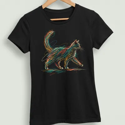 Playful colorful scribble design of a cat in orange, blue, green, and yellow — printed on a women's shirt