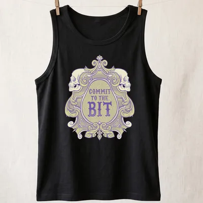Ornate vintage skull graphic with 'COMMIT TO THE BIT' in bold lettering — printed on a tank top