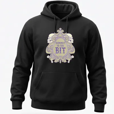 Ornate vintage skull graphic with 'COMMIT TO THE BIT' in bold lettering — printed on a unisex hoodie