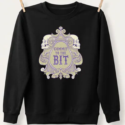 Ornate vintage skull graphic with 'COMMIT TO THE BIT' in bold lettering — printed on a unisex sweatshirt