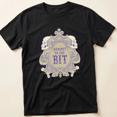 Ornate vintage skull graphic with 'COMMIT TO THE BIT' in bold lettering