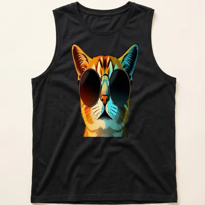 Pop art style cool cat wearing sunglasses in orange, black, blue, and white — printed on a tank top