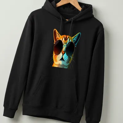 Pop art style cool cat wearing sunglasses in orange, black, blue, and white — printed on a unisex hoodie