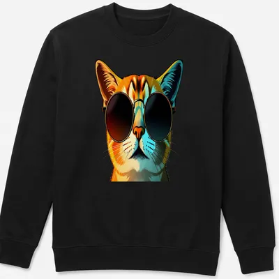 Pop art style cool cat wearing sunglasses in orange, black, blue, and white — printed on a unisex sweatshirt