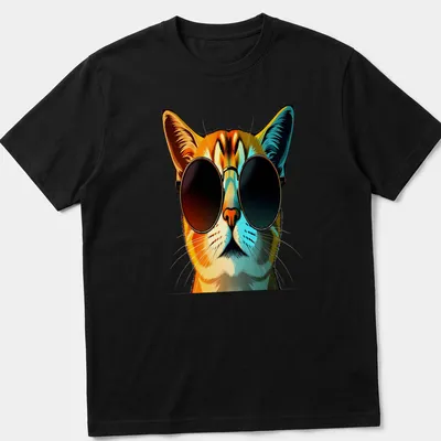 Pop art style cool cat wearing sunglasses in orange, black, blue, and white