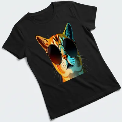 Pop art style cool cat wearing sunglasses in orange, black, blue, and white — printed on a women's shirt