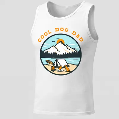 Vintage illustration of a dog and camper scene with the text Cool Dog Dad — printed on a tank top
