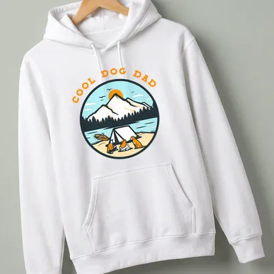 Vintage illustration of a dog and camper scene with the text Cool Dog Dad — printed on a unisex hoodie