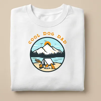 Vintage illustration of a dog and camper scene with the text Cool Dog Dad — printed on a unisex sweatshirt