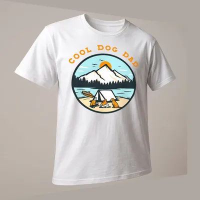 Vintage illustration of a dog and camper scene with the text Cool Dog Dad — printed on a unisex t-shirt (angled view)