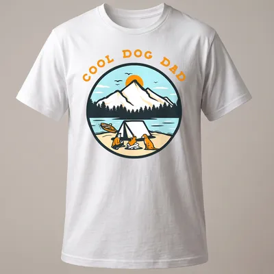 Vintage illustration of a dog and camper scene with the text Cool Dog Dad