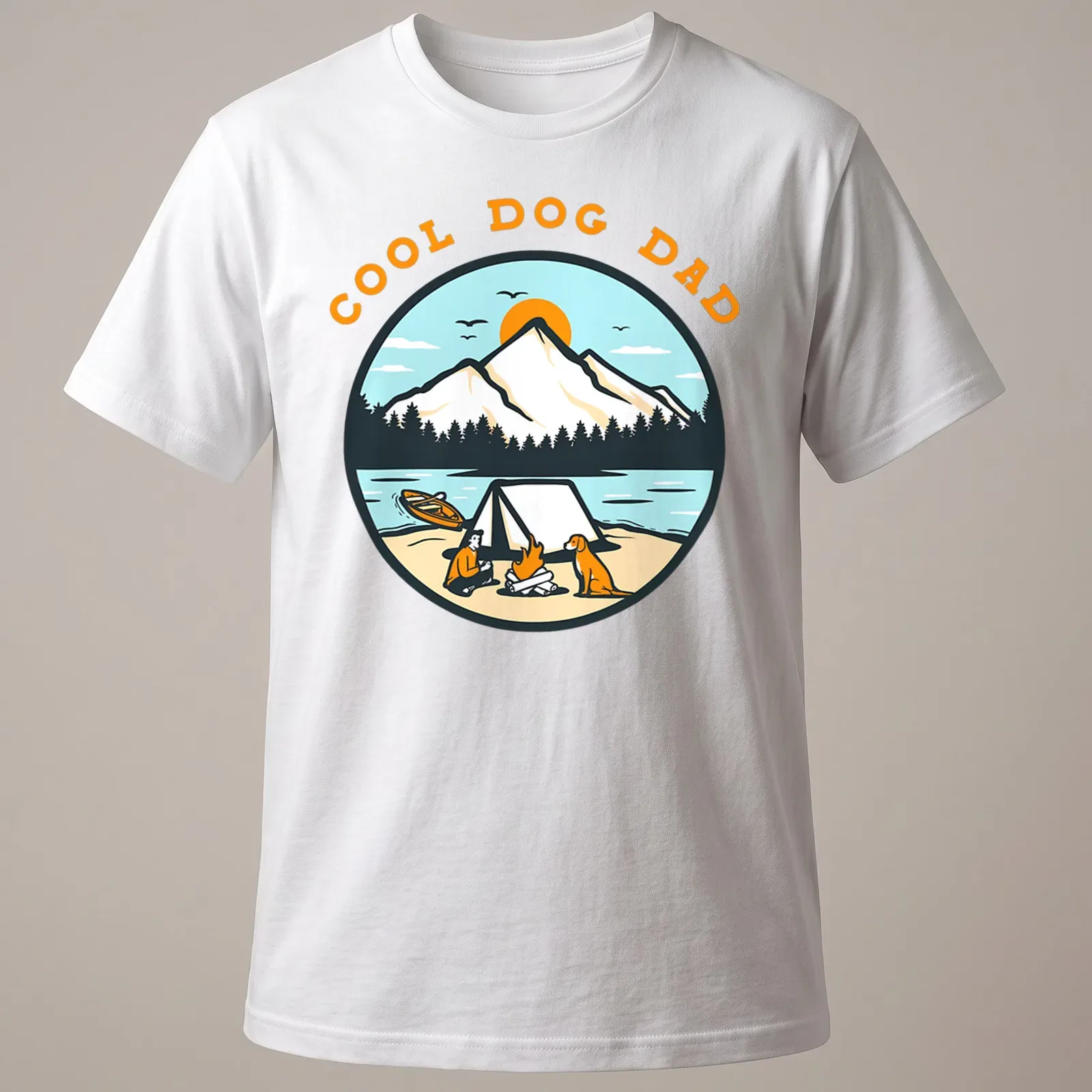 Vintage illustration of a dog and camper scene with the text Cool Dog Dad — printed on a unisex t-shirt