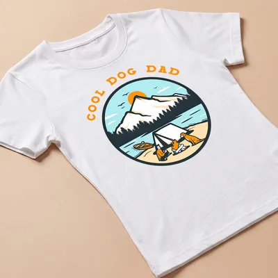 Vintage illustration of a dog and camper scene with the text Cool Dog Dad — printed on a women's shirt