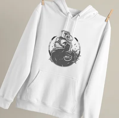Vintage distressed T-shirt featuring a duck with sunglasses and a grenade — printed on a unisex hoodie