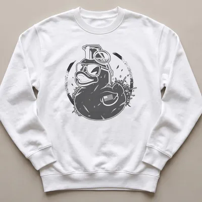 Vintage distressed T-shirt featuring a duck with sunglasses and a grenade — printed on a unisex sweatshirt