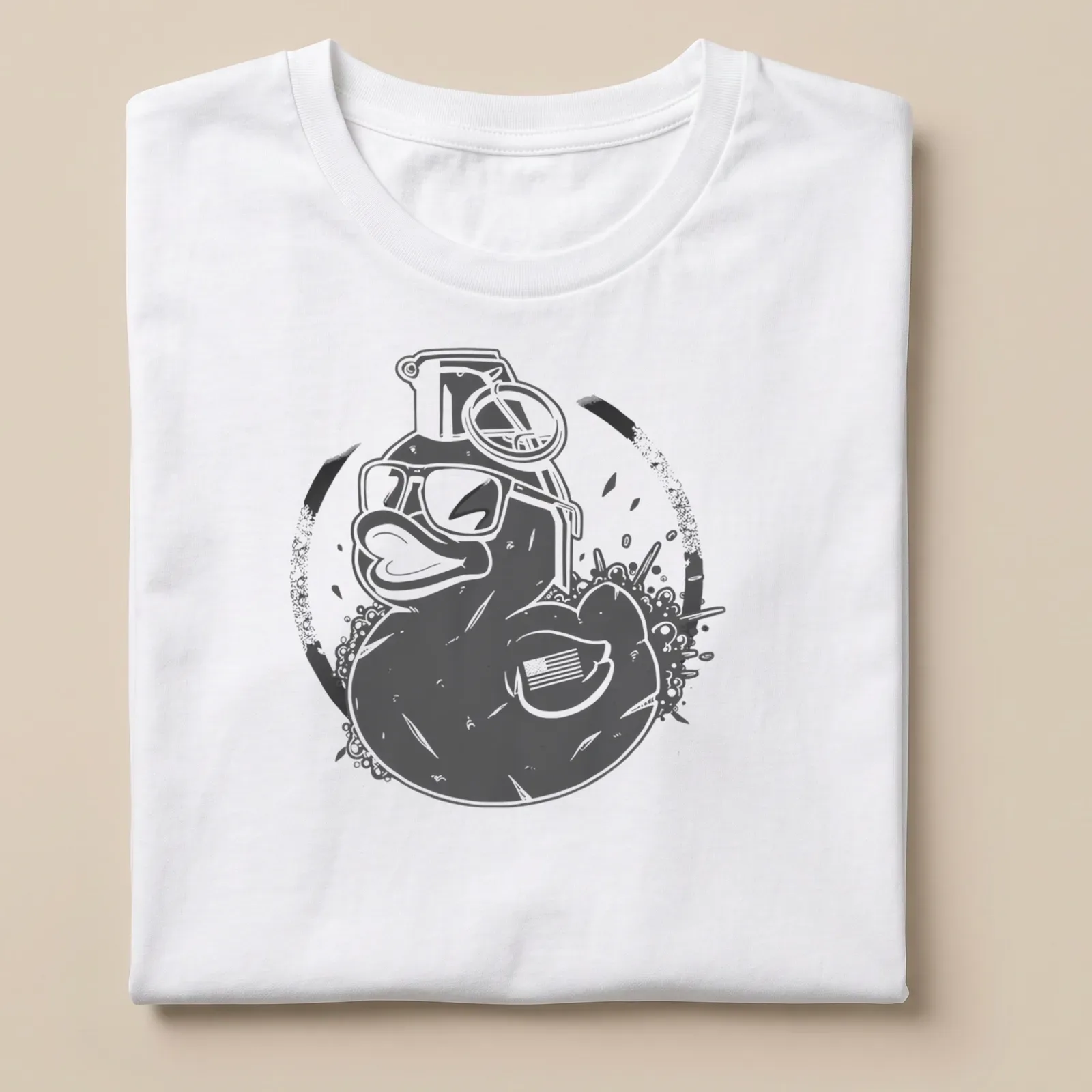 Vintage distressed T-shirt featuring a duck with sunglasses and a grenade — printed on a unisex t-shirt