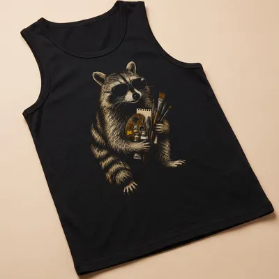 Cartoon raccoon holding a paint palette and brushes in warm colors — printed on a tank top