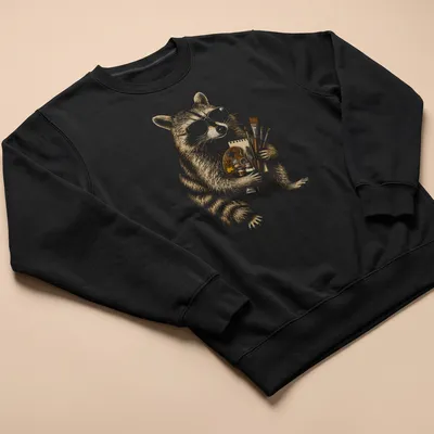 Cartoon raccoon holding a paint palette and brushes in warm colors — printed on a unisex sweatshirt