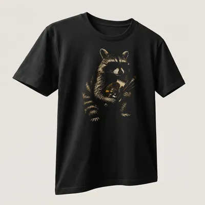 Cartoon raccoon holding a paint palette and brushes in warm colors — printed on a unisex t-shirt (angled view)