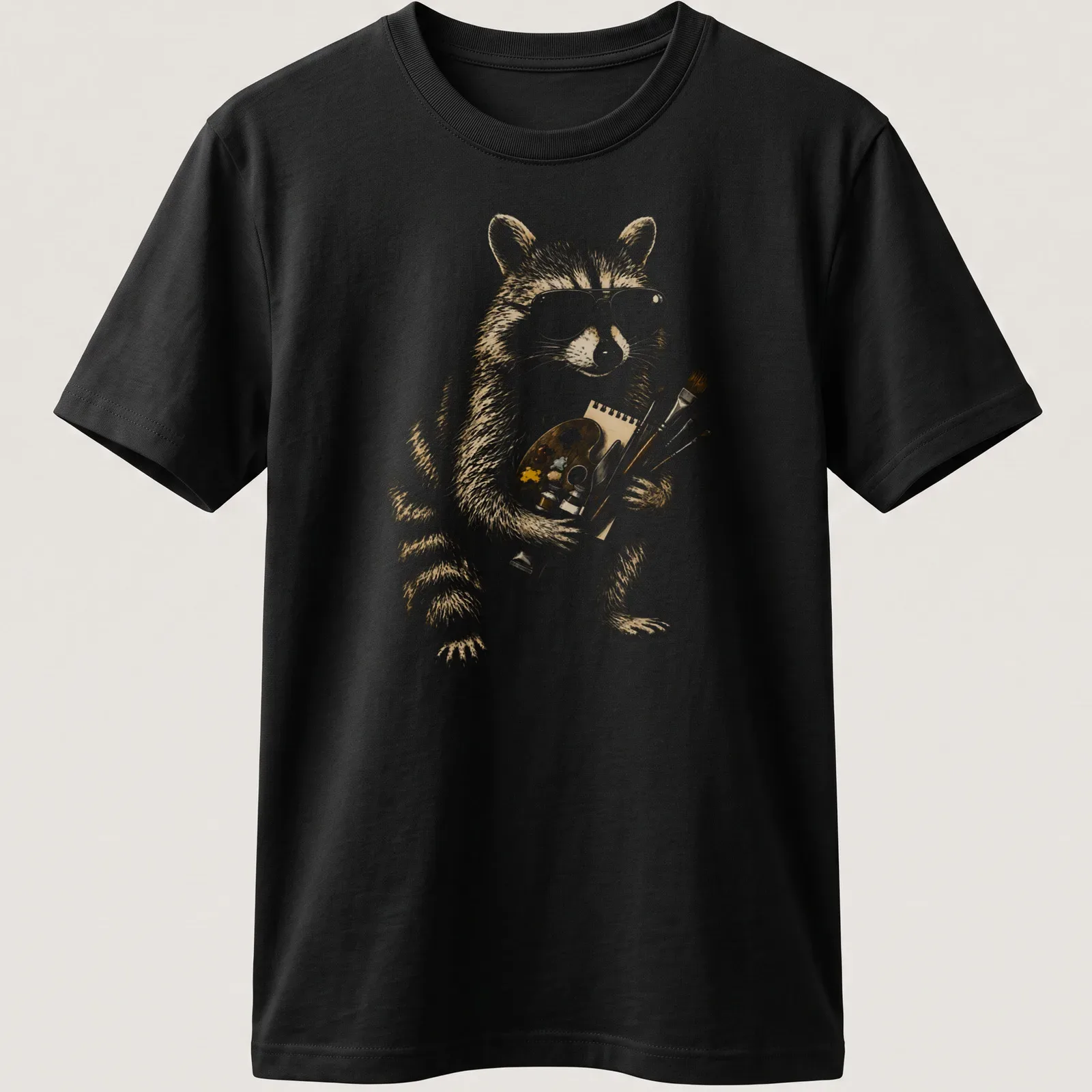 Cartoon raccoon holding a paint palette and brushes in warm colors — printed on a unisex t-shirt