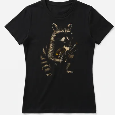 Cartoon raccoon holding a paint palette and brushes in warm colors — printed on a women's shirt