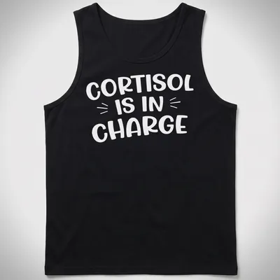 Funny cartoon print of the cortisol molecule with text about stress management — printed on a tank top