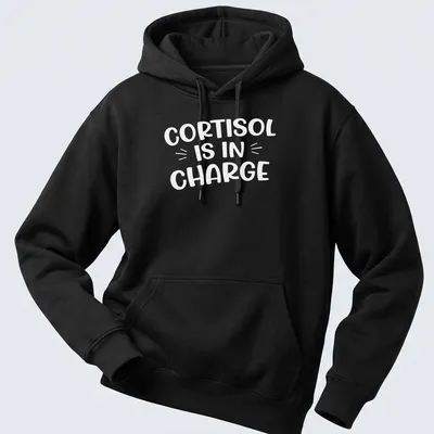 Funny cartoon print of the cortisol molecule with text about stress management — printed on a unisex hoodie