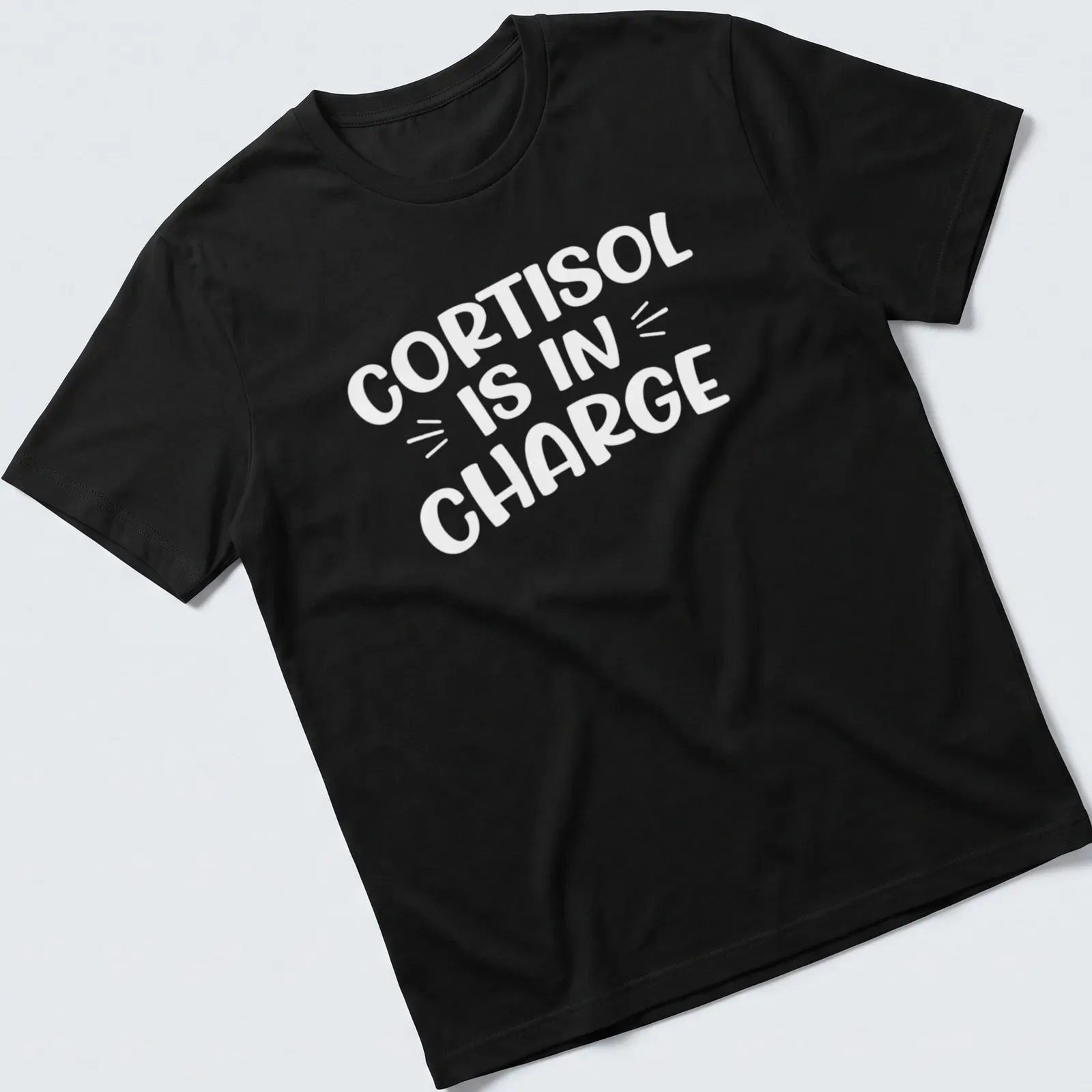 Funny cartoon print of the cortisol molecule with text about stress management — printed on a unisex t-shirt