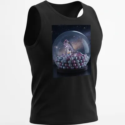 Realistic print of a high heel shoe in a magical snow globe, featuring pink, silver, blue, purple, and black. — printed on a tank top