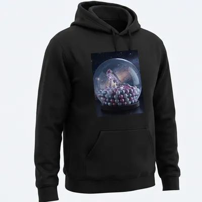 Realistic print of a high heel shoe in a magical snow globe, featuring pink, silver, blue, purple, and black. — printed on a unisex hoodie