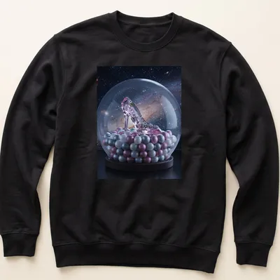 Realistic print of a high heel shoe in a magical snow globe, featuring pink, silver, blue, purple, and black. — printed on a unisex sweatshirt
