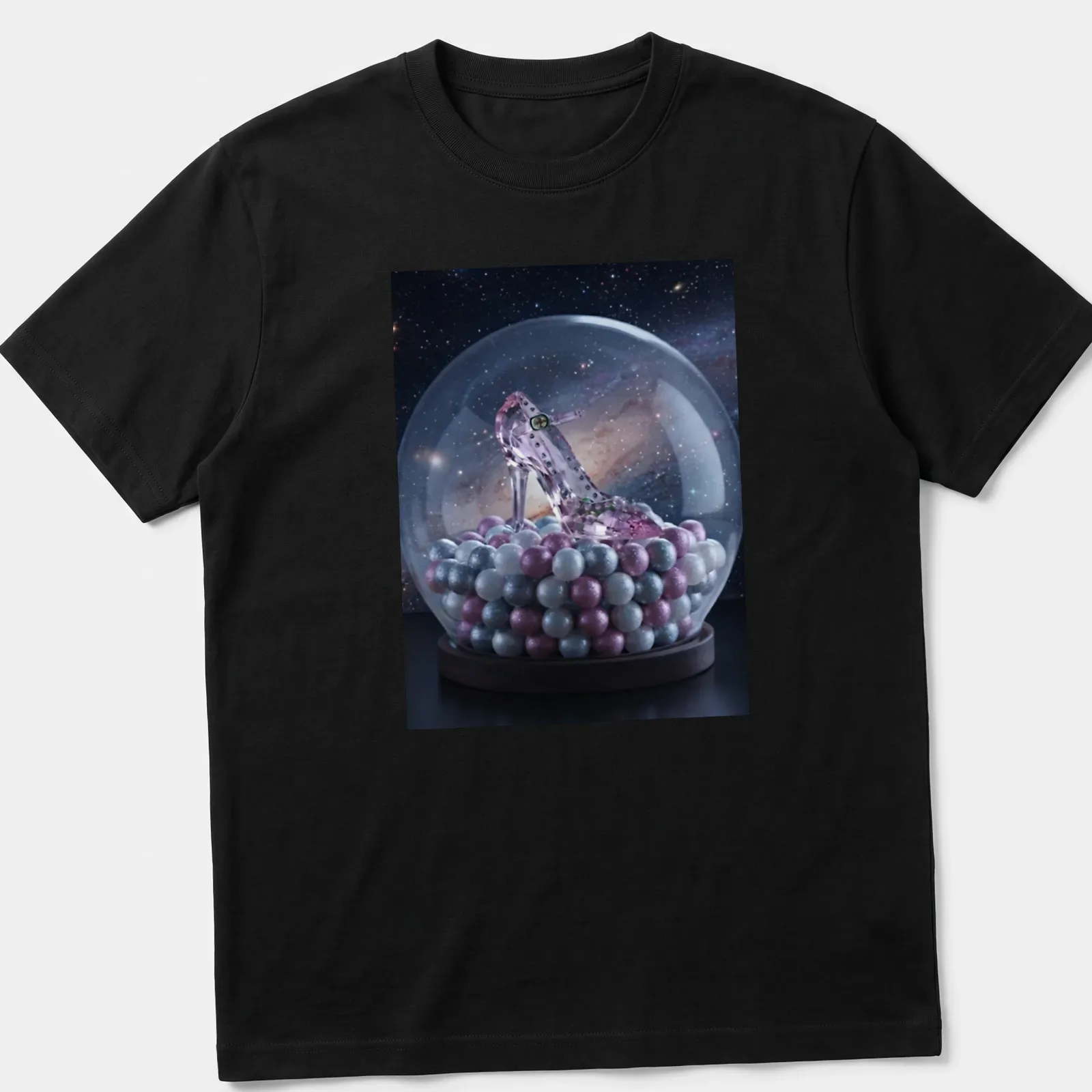 Realistic print of a high heel shoe in a magical snow globe, featuring pink, silver, blue, purple, and black. — printed on a unisex t-shirt