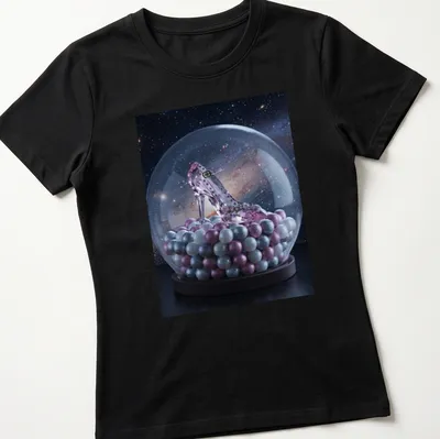 Realistic print of a high heel shoe in a magical snow globe, featuring pink, silver, blue, purple, and black. — printed on a women's shirt