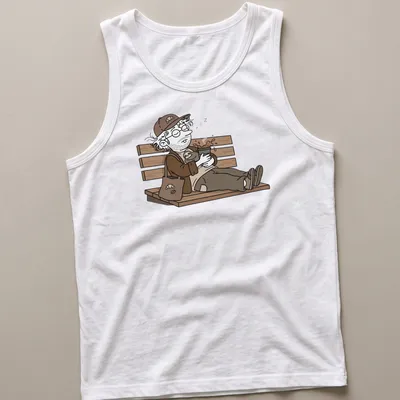 Cartoon illustration of a coffee guy napping with a sloth on a bench — printed on a tank top