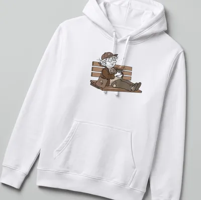 Cartoon illustration of a coffee guy napping with a sloth on a bench — printed on a unisex hoodie