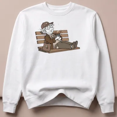 Cartoon illustration of a coffee guy napping with a sloth on a bench — printed on a unisex sweatshirt