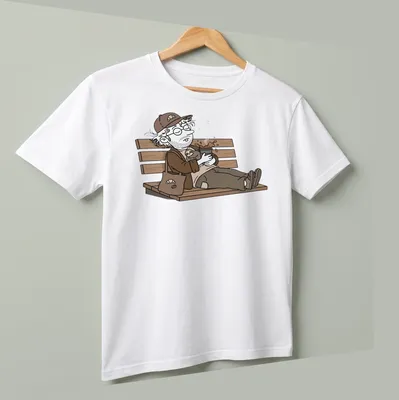 Cartoon illustration of a coffee guy napping with a sloth on a bench — printed on a unisex t-shirt (angled view)