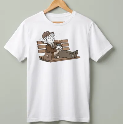 Cartoon illustration of a coffee guy napping with a sloth on a bench