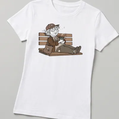 Cartoon illustration of a coffee guy napping with a sloth on a bench — printed on a women's shirt