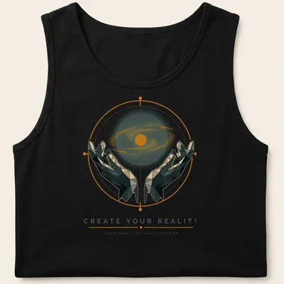 Geometric hands holding a galaxy with inspirational text about creating your reality. — printed on a tank top
