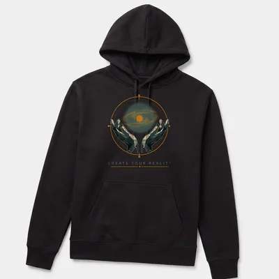 Geometric hands holding a galaxy with inspirational text about creating your reality. — printed on a unisex hoodie