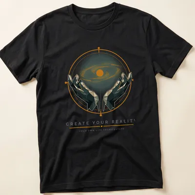 Geometric hands holding a galaxy with inspirational text about creating your reality.