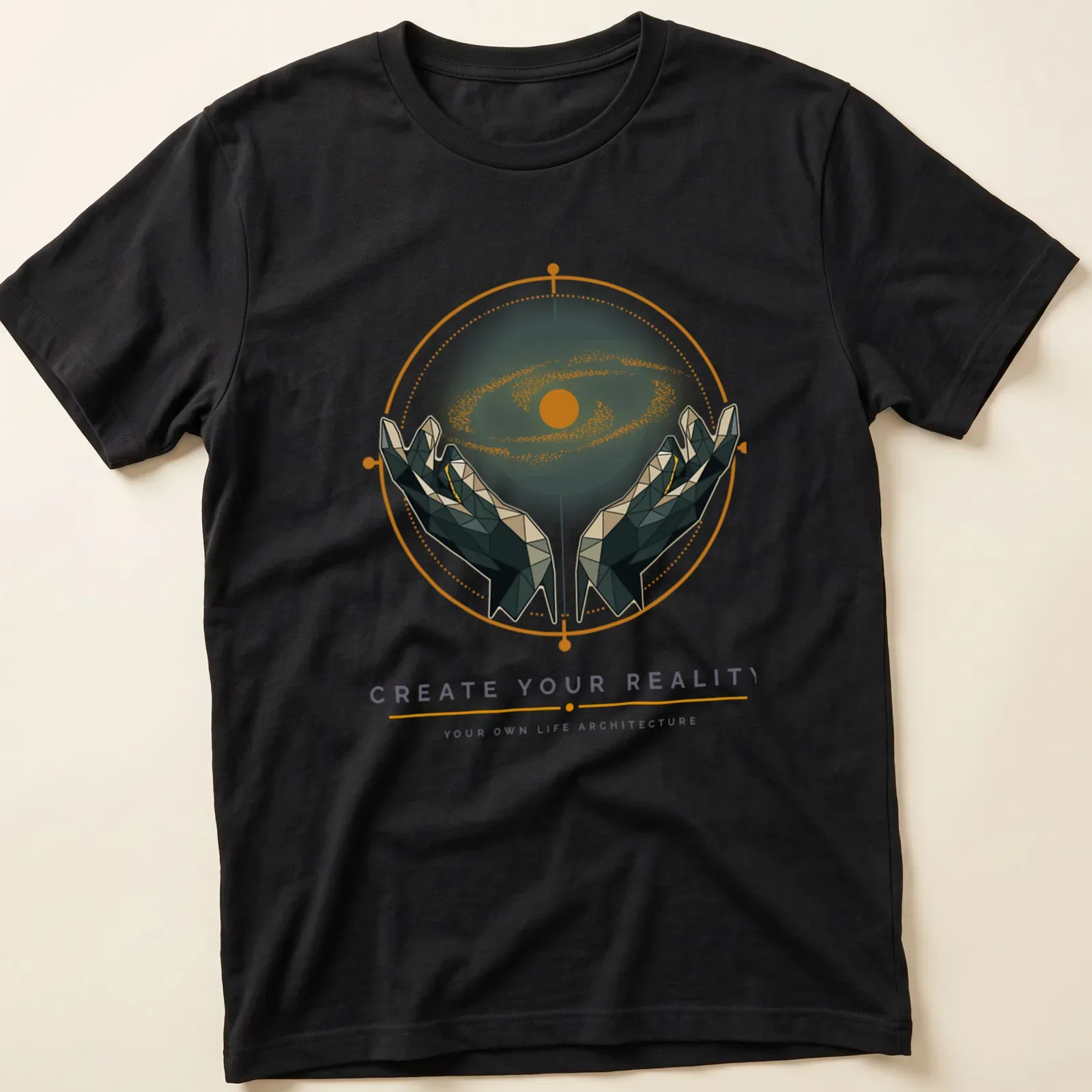 Geometric hands holding a galaxy with inspirational text about creating your reality. — printed on a unisex t-shirt