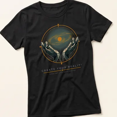 Geometric hands holding a galaxy with inspirational text about creating your reality. — printed on a women's shirt