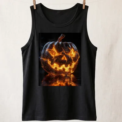 3D wireframe design of a glowing pumpkin in orange, black, and gray — printed on a tank top