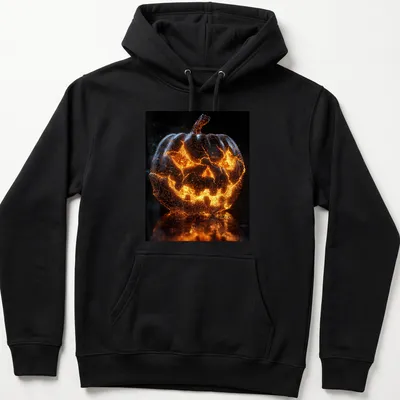 3D wireframe design of a glowing pumpkin in orange, black, and gray — printed on a unisex hoodie