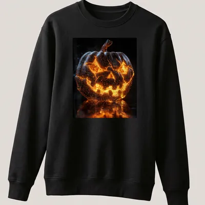 3D wireframe design of a glowing pumpkin in orange, black, and gray — printed on a unisex sweatshirt