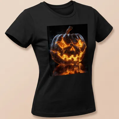 3D wireframe design of a glowing pumpkin in orange, black, and gray — printed on a women's shirt
