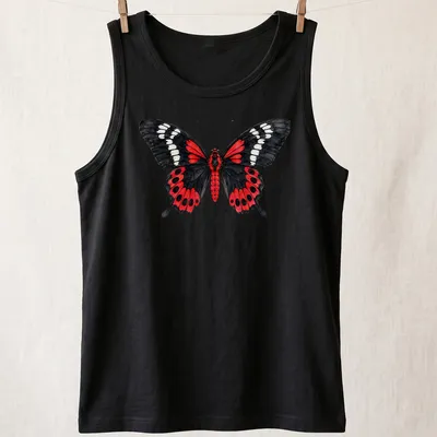 Watercolor illustration of a crimson rose butterfly in red, black, and white — printed on a tank top