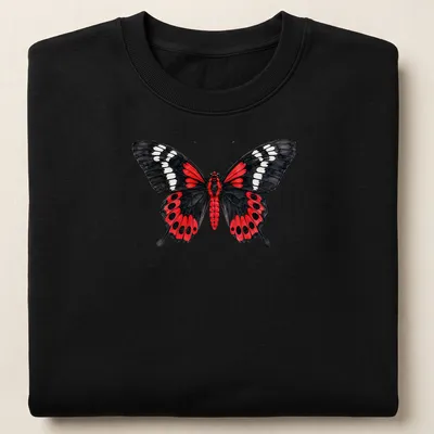 Watercolor illustration of a crimson rose butterfly in red, black, and white — printed on a unisex sweatshirt